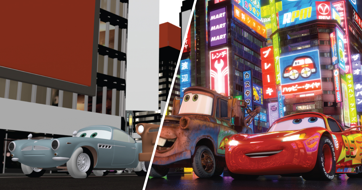 The left half of this frame from Cars 2 has basic color information while on the right side all the shaders have been applied.