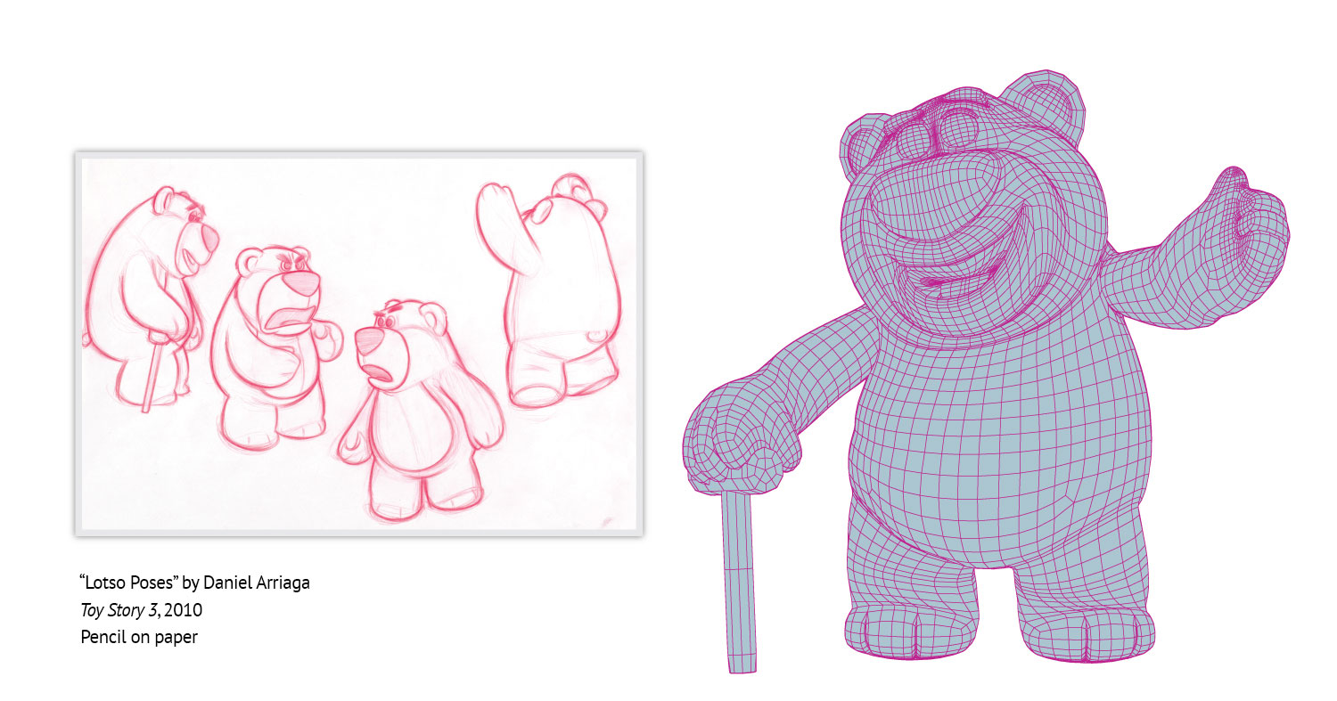 Modelers create a virtual 3D shape as a wireframe (on the right) based on the concept art (the sketches of Lotso from Toy Story 3 (2010) on the left). 