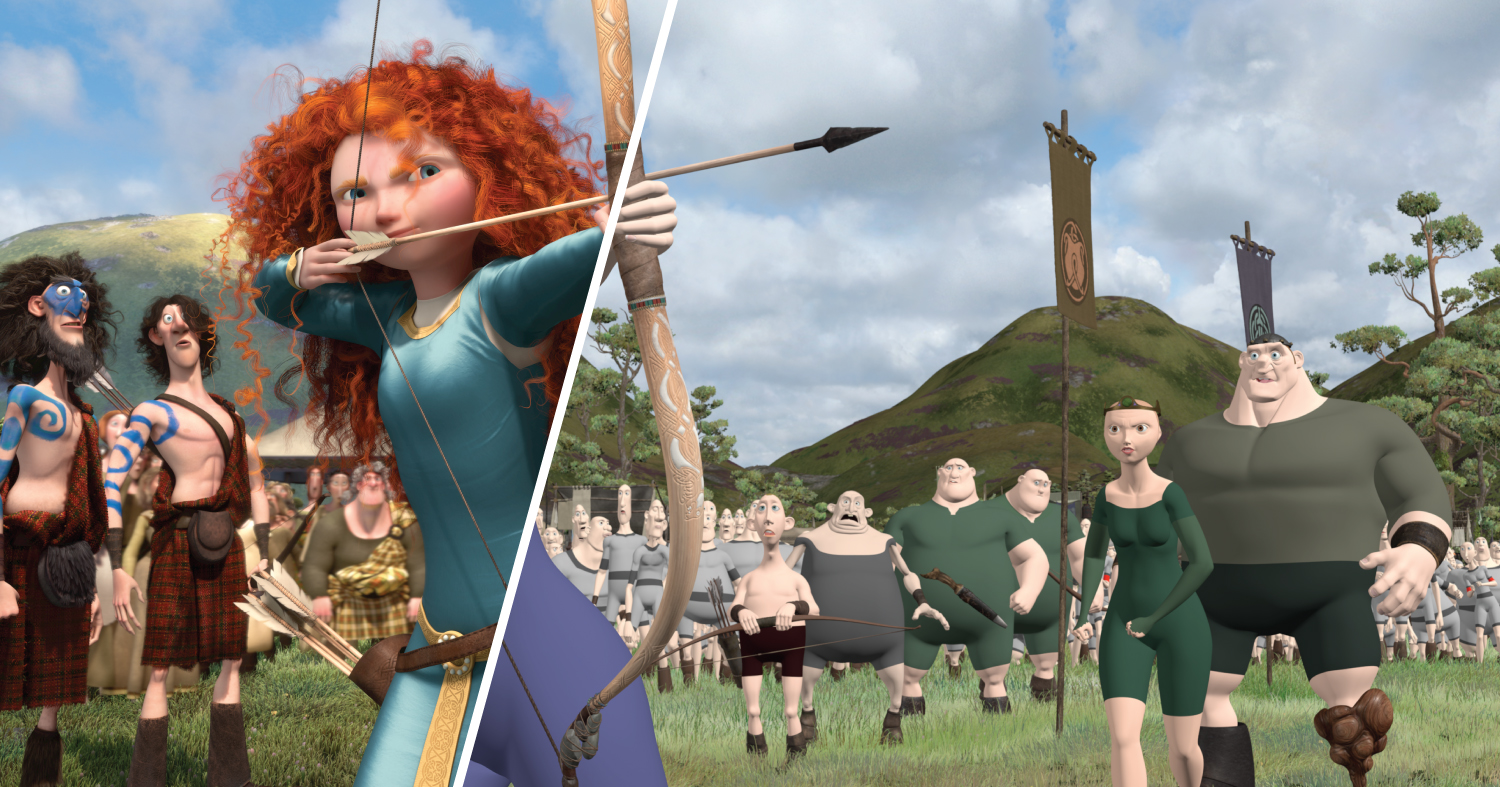 The left half of this frame from Brave includes the simulated elements (hair and clothing) that are missing from the right half of the frame.